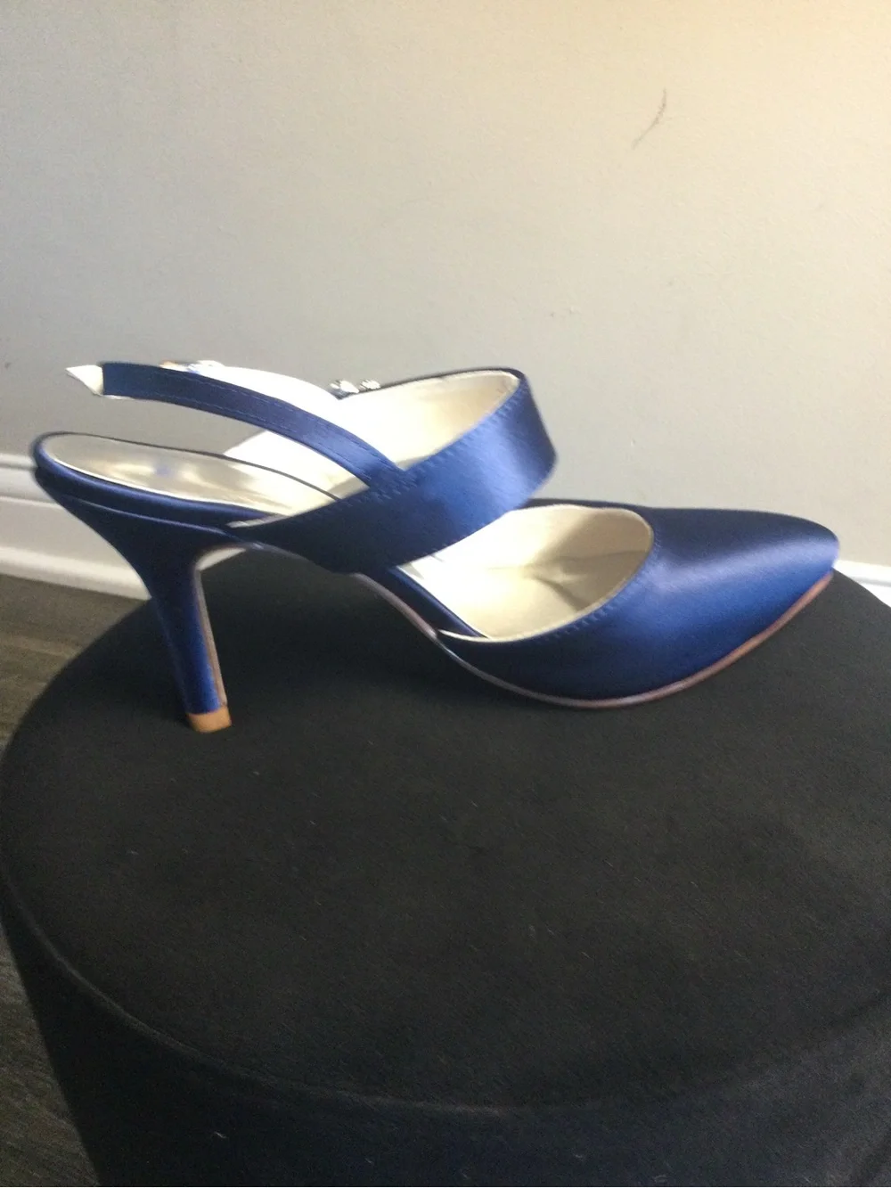 Navy Satin Slingback Heels with Crystal Brooch
